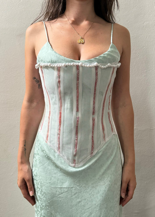 Mesh corset in white/pink